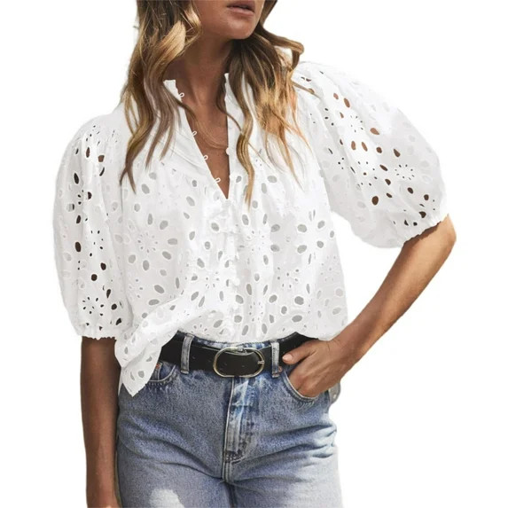 PRETTYGARDEN Women's Summer Tops Dressy Casual Short Lantern Sleeve V Neck Buttons Hollow Out Lac... | Walmart (US)