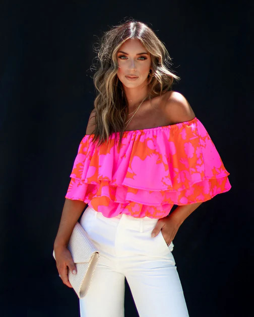 Botanical Paradise Floral Off The Shoulder Ruffle Top - Pink/Orange | VICI