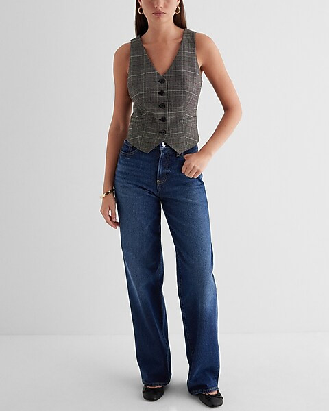 Editor Plaid Button Front Blazer Vest | Express