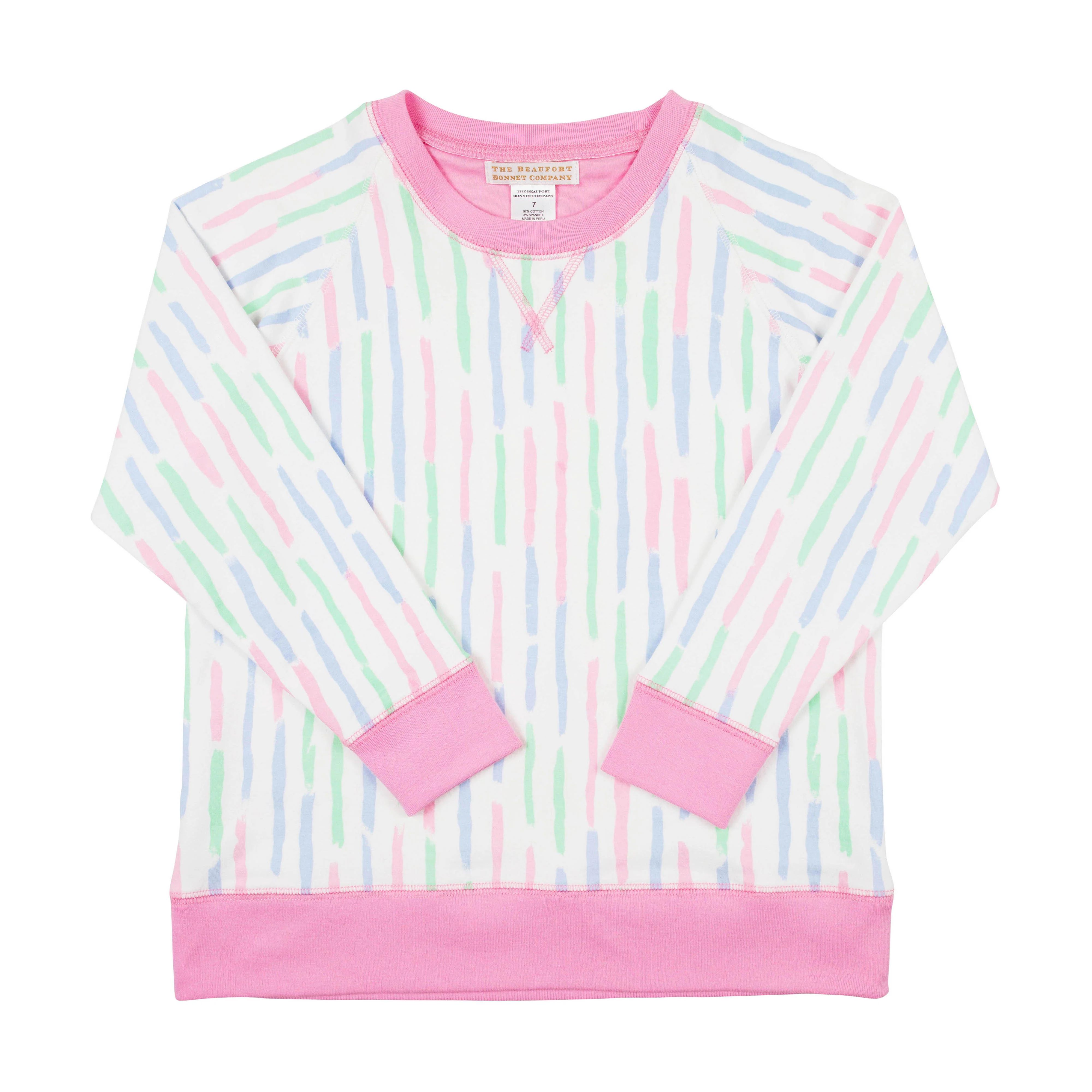 Cassidy Comfy Crewneck - White Sand Watercolor with Hamptons Hot Pink | The Beaufort Bonnet Company