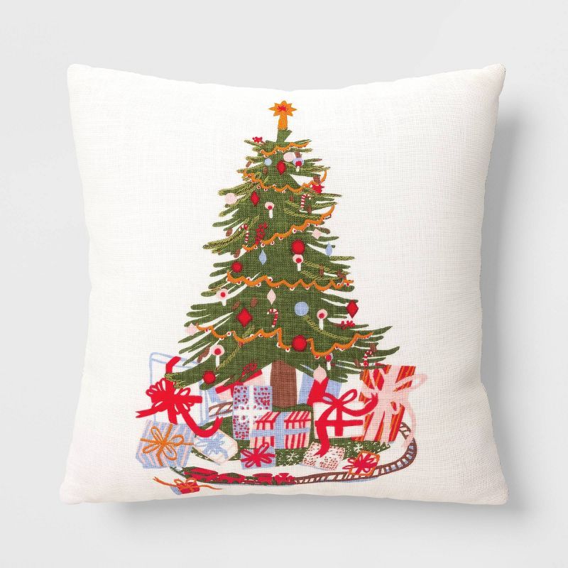 Christmas Tree Embroidered Square Christmas Throw Pillow Green/Ivory - Threshold™ | Target