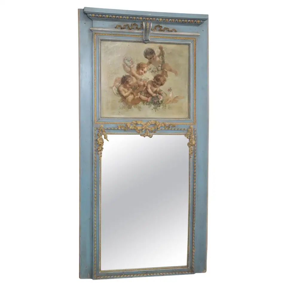 Fine Quality French Blue and White Painted Trumeau Mirror with Oil Painting | 1stDibs