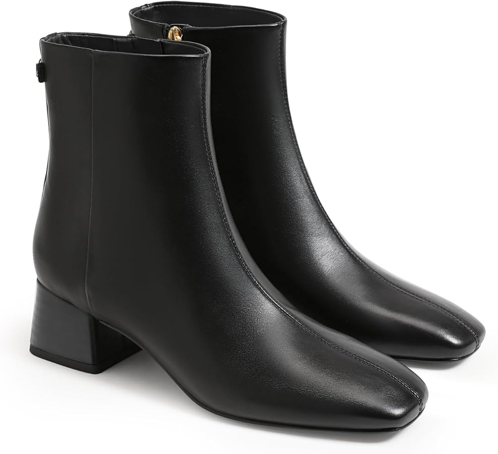 Coutgo Womens Ankle Boots Chunky Low Heel Square Toe Booties Side Zipper Winter Dress Shoes | Amazon (US)