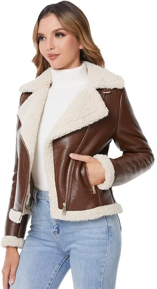 DIASHINY Women's Faux Shearing Fur Winter Coat Warm Thick Fur Lined Faux Leather Jacket | Amazon (US)