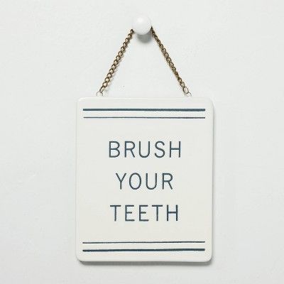 &#39;Brush Your Teeth&#39; Stoneware Wall Sign Blue/Cream - Hearth &#38; Hand&#8482; with Magnoli... | Target