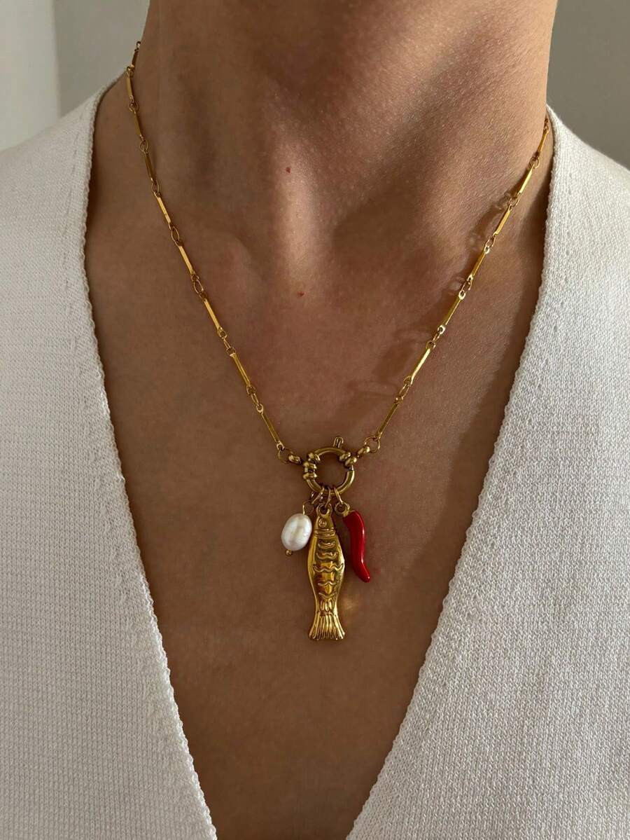 Monlansher New Arrival Women's Stainless Steel Necklace With Unique Fish, Pearl, Chili Pepper Pen... | SHEIN