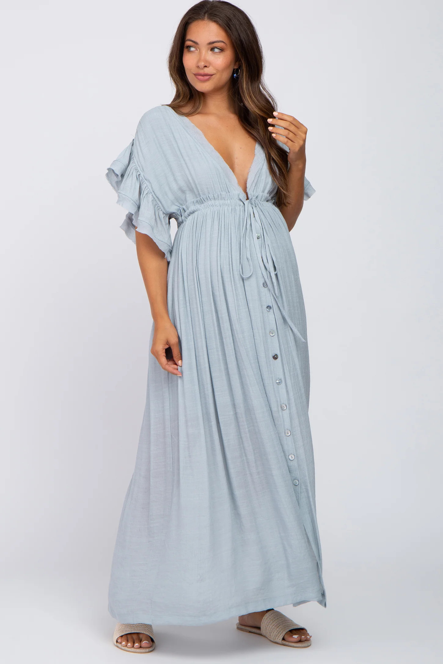 Light Blue Deep V-Neck Button Down Maternity Maxi Dress | PinkBlush Maternity
