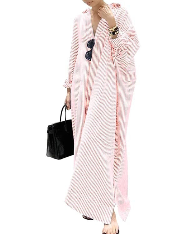 chouyatou Women's Casual Long Sleeve Button Down Loose Striped Cotton Maxi Shirt Dress | Amazon (US)