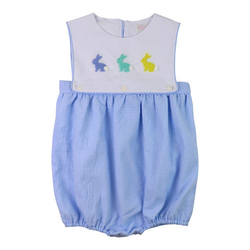 Blue Windowpane Seersucker Crochet Bunny Bubble | Cecil and Lou