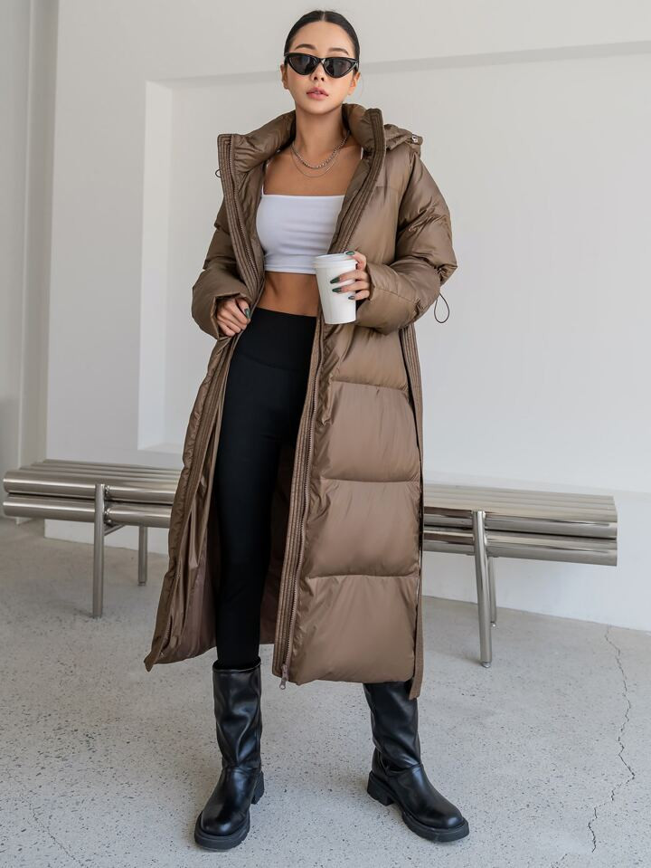 DAZY Drop Shoulder Drawstring Hooded Zipper Belted Puffer  Thick Coat | SHEIN