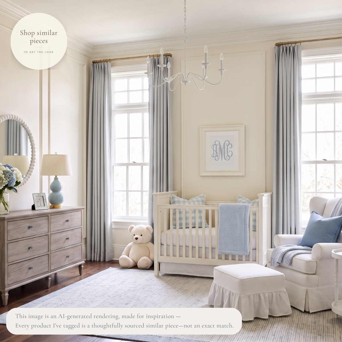 A nursery doesn't have to be full of baby-themed furniture to feel like a nursery. Sometimes the rooms that last the longest are the ones that feel collected over time.

Soft blue drapery, classic wall moulding, warm wood, and a slipcovered glider create a space that's just as beautiful today as it will be years from now. It's calm, timeless, and designed to grow right alongside your little one.

I've linked similar pieces below to help you get the look. 💙

AI-generated design concept for inspiration • Products are similar, not exact • Affiliate links may be used. As an Amazon Associate, I earn from qualifying purchases.

#LTKHome #LTKBaby

#LTKHome #LTKBaby