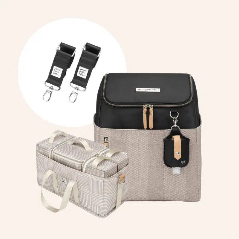 Tempo Backpack in Black/Sand Cable Stitch, Deluxe Kit & Stroller Clips Bundle | Petunia Pickle Bottom