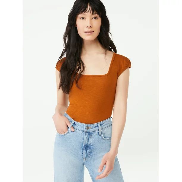 Free Assembly Women's Square Neck Bodysuit with Cap Sleeves - Walmart.com | Walmart (US)
