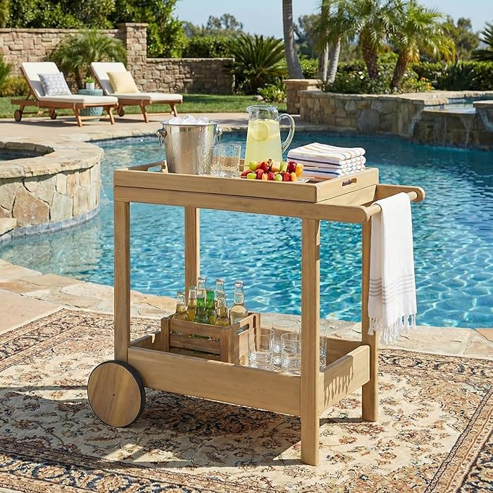 Christopher Knight Home Sara Acacia Wood Outdoor Bar Cart with Wheels, Rolling Kitchen Cart with ... | Amazon (US)