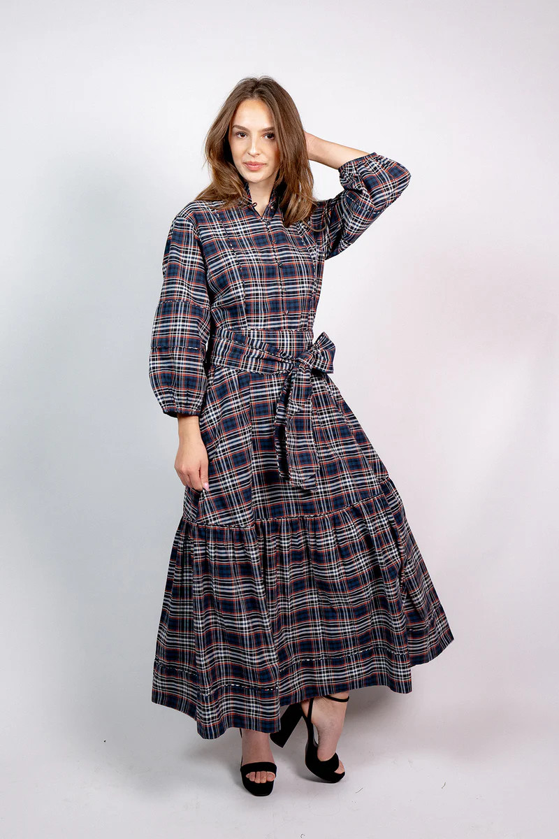 SUE SARTOR Flounce Maxi | Onyx/Garnet Highland Glen Plaid | SUE SARTOR