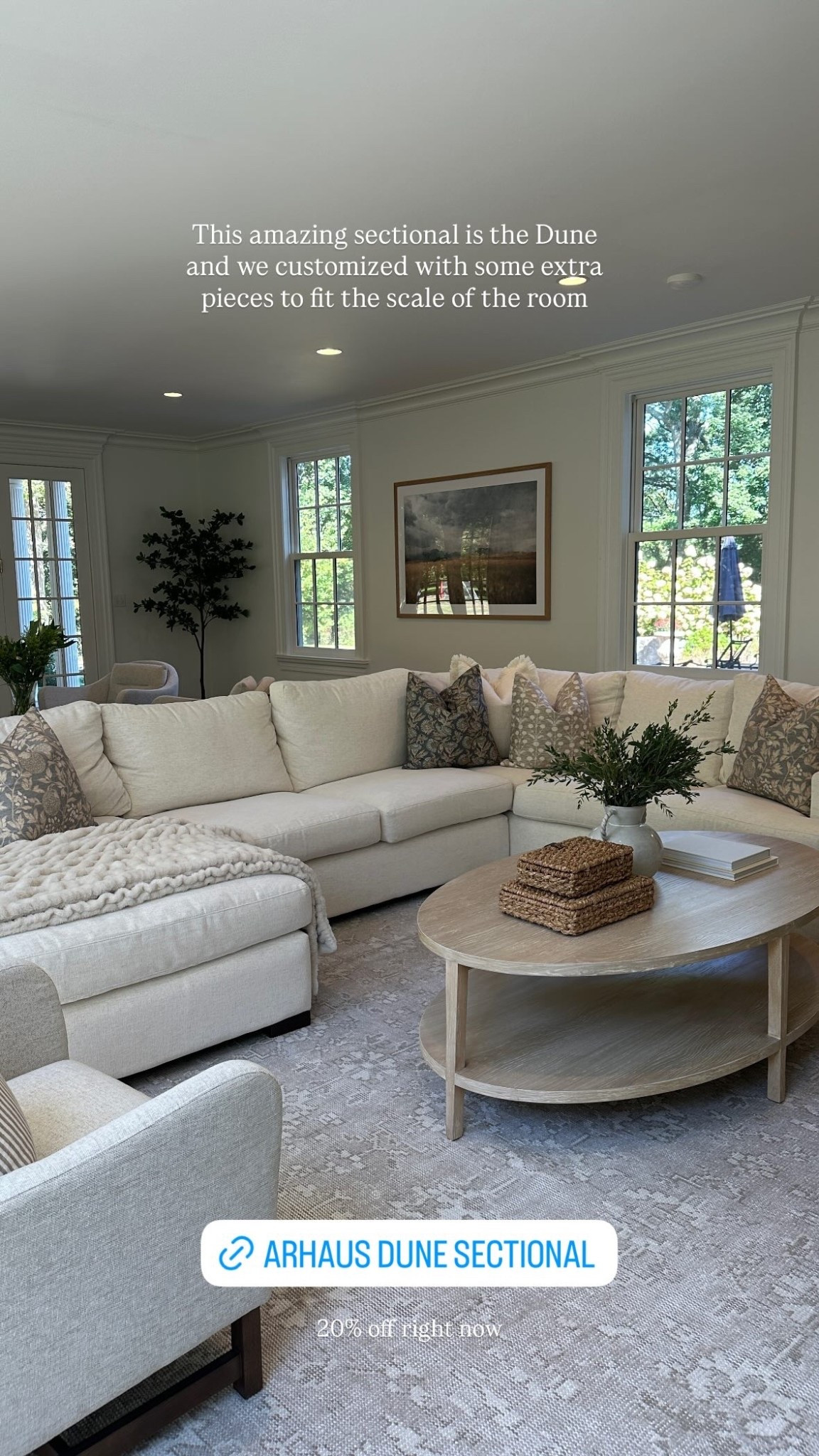 20% off right now This amazing sectional is the Dune and we customized with some extra pieces to fit the scale of the room