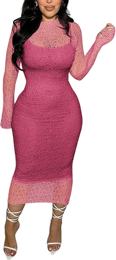 Women's Elegant Bodycon Midi Dress Lace Party Cocktail Wedding Guest Dress | Amazon (US)