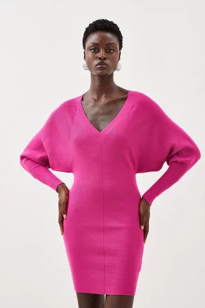 Viscose Blend Rib Batwing Knitted Mini Dress | Karen Millen US