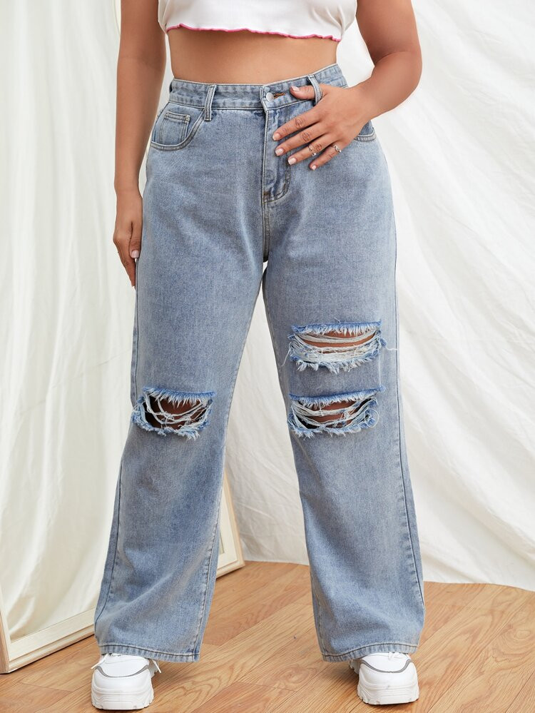 Plus High Waist Knee Ripped Wide Leg Jeans | SHEIN
