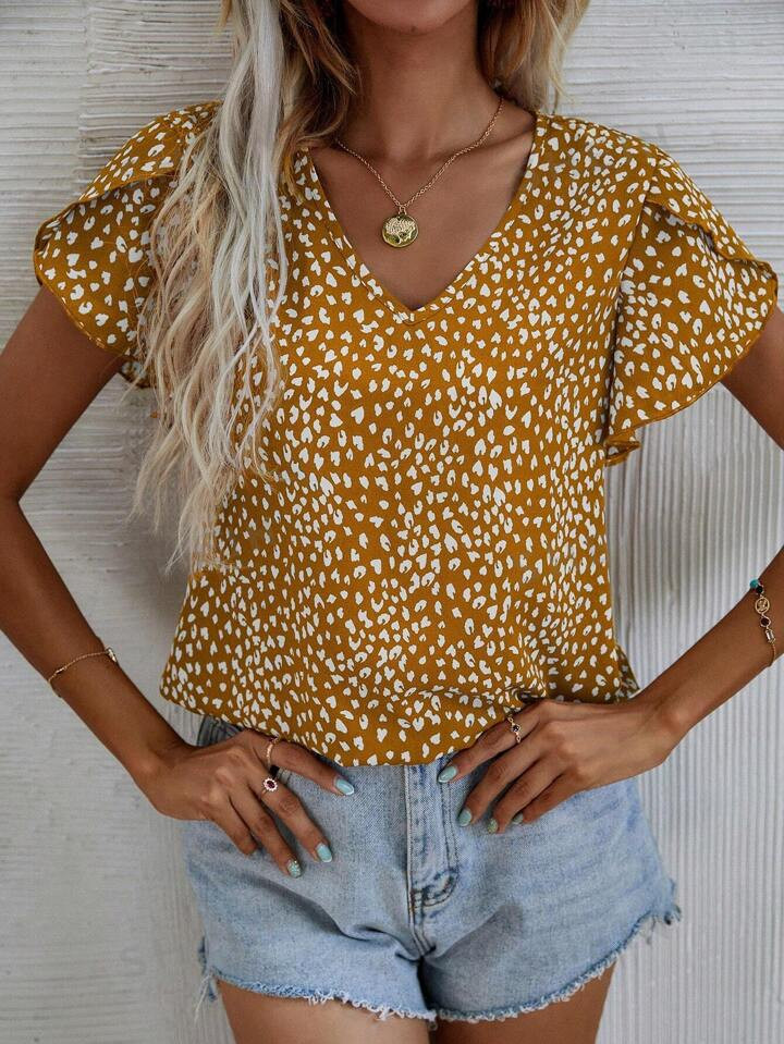 SHEIN LUNE Leopard Petal Sleeve Top | SHEIN