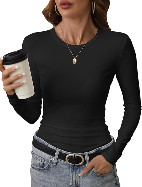 GEMBERA Womens' Crewneck Long Sleeve Slim Fitted Casual Top T-Shirts Stretchy Basic Shirt | Amazon (US)