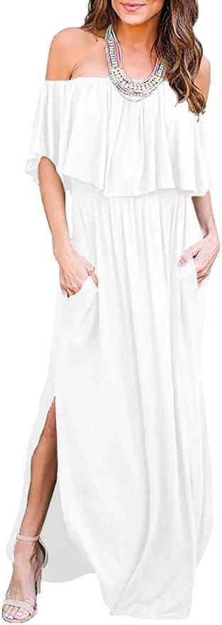 LILBETTER Womens Off The Shoulder Ruffle Party Dresses Side Split Beach Maxi Dress | Amazon (US)