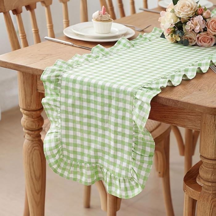 1 Pcs Light Green Plaid Gingham Ruffle Table Runner 118 x 13.8'' Farmhouse Easter Table Runner 10... | Amazon (US)