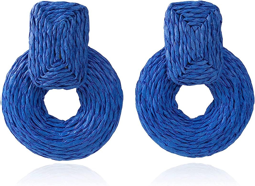 VANGETIMI Boho Raffia Round Dangling Earrings Handmade Woven Rattan Geometric Dangle Earrings Sum... | Amazon (US)