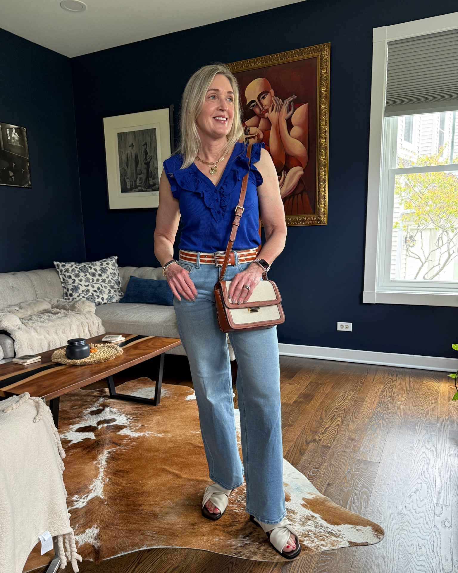 Everyday casual outfit with @Gibsonlook cobalt blue Henley top size XS and @Quince Bella wide leg jeans size 25. Code DOUSED10 for 10% off at Gibsonlook.

Spring outfits 2026, teacher outfit, fashion over 40, fashion over 50, affordable outfits, sustainable denim, wide leg jeans, mom looks 

#LTKootd #LTKOver40 #LTKSeasonal