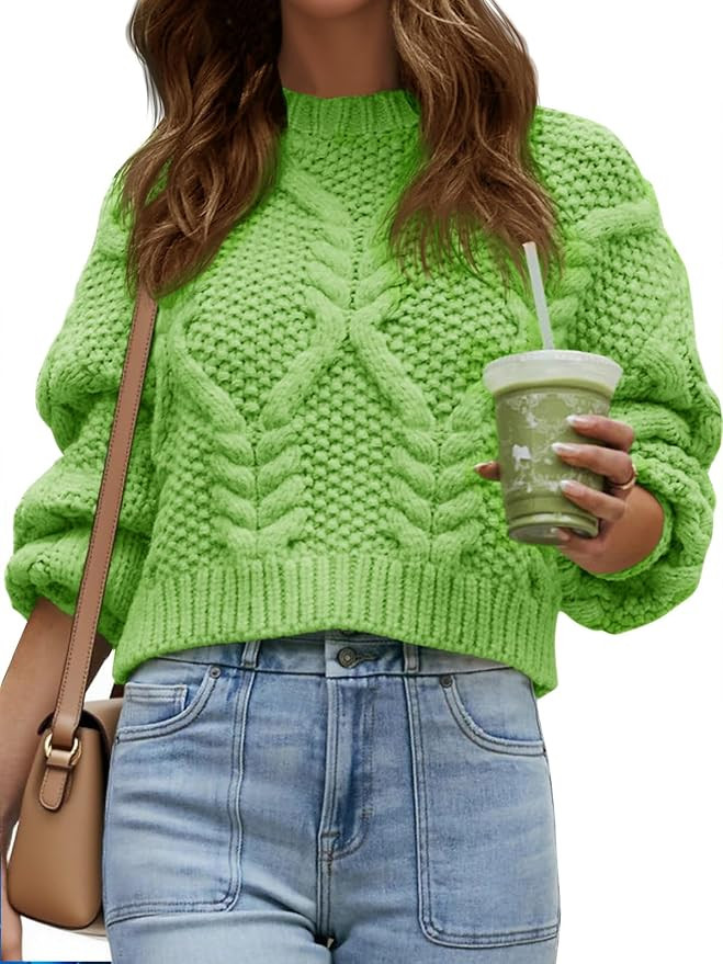 Saodimallsu Womens Cable Knit Cropped Sweater Fall Chunky Puff Long Sleeve Crewneck Loose Casual ... | Amazon (US)