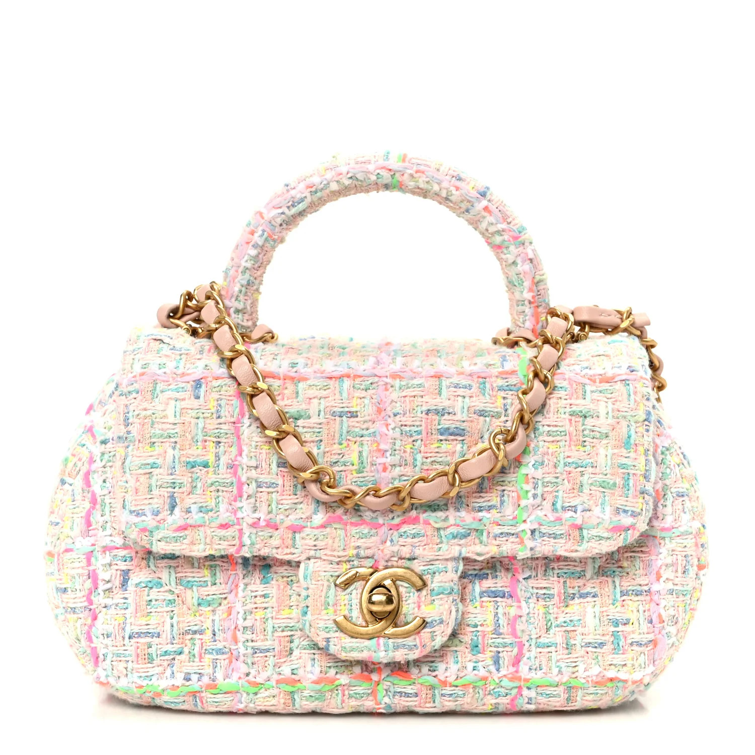 Tweed Quilted Baywatch Top Handle Flap Light Pink Green Orange Purple | FASHIONPHILE (US)