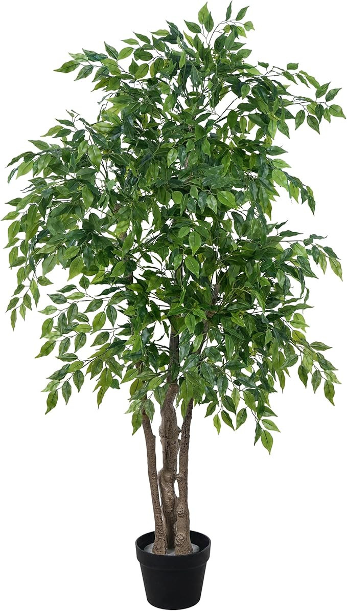 Ficus Tree Artificial with Triple Trunks, 5.5ft Fake Ficus Tree in Black Pot, Tall Artificial Tre... | Amazon (US)