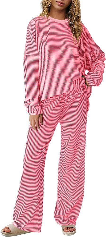 Panadila Womens 2 Piece Lounge Sets Striped Long Sleeve Pajama Set Oversized Tshirts Wide Leg Pan... | Amazon (US)