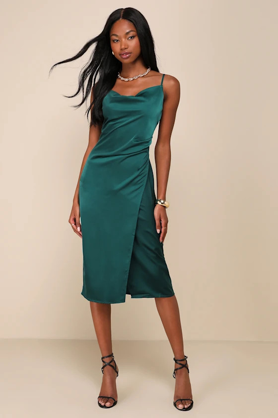 Hollywood Woman Forest Green Satin Midi Dress | Lulus
