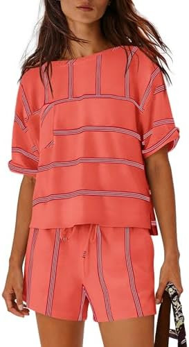 Nirovien Womens Striped Lounge Set 2 Piece Vacation Outfits Short Sleeve Tops and Drawstring Shor... | Amazon (US)