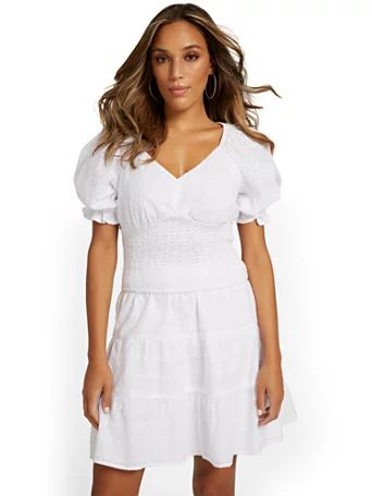 NY & Co Women's Smocked Eyelet Puff-Sleeve Top White Size Small Cotton | New York & Company