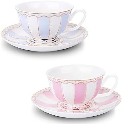 AWHOME Vintage Ceramic Teacup and Saucer Set 7 oz (Pink Blue) | Amazon (US)