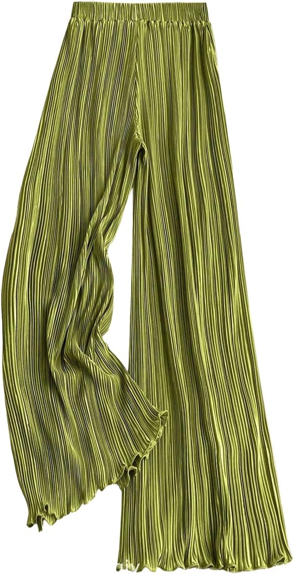 Satin Pants for Women Dressy Flowy Palazzo Plisse Silk Pants Wide Leg Pleated Casual Trousers | Amazon (US)