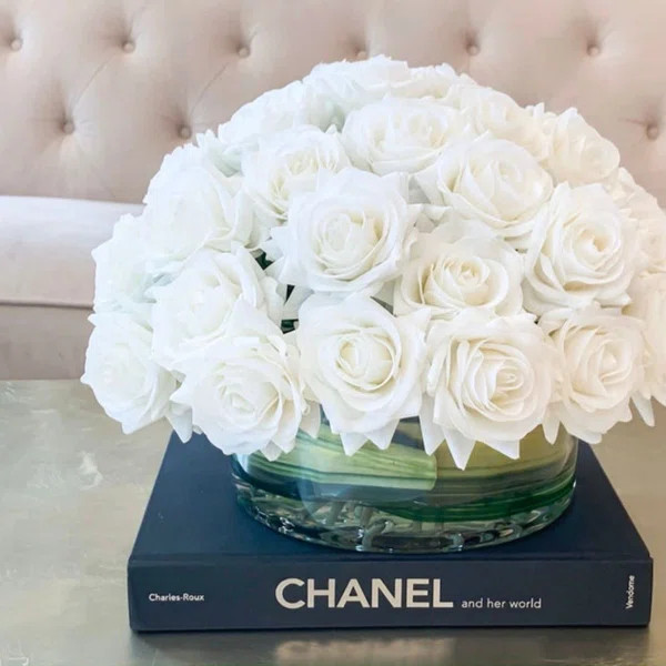 White Real Touch Rose Arrangement In Round Glass Vase | Wayfair North America