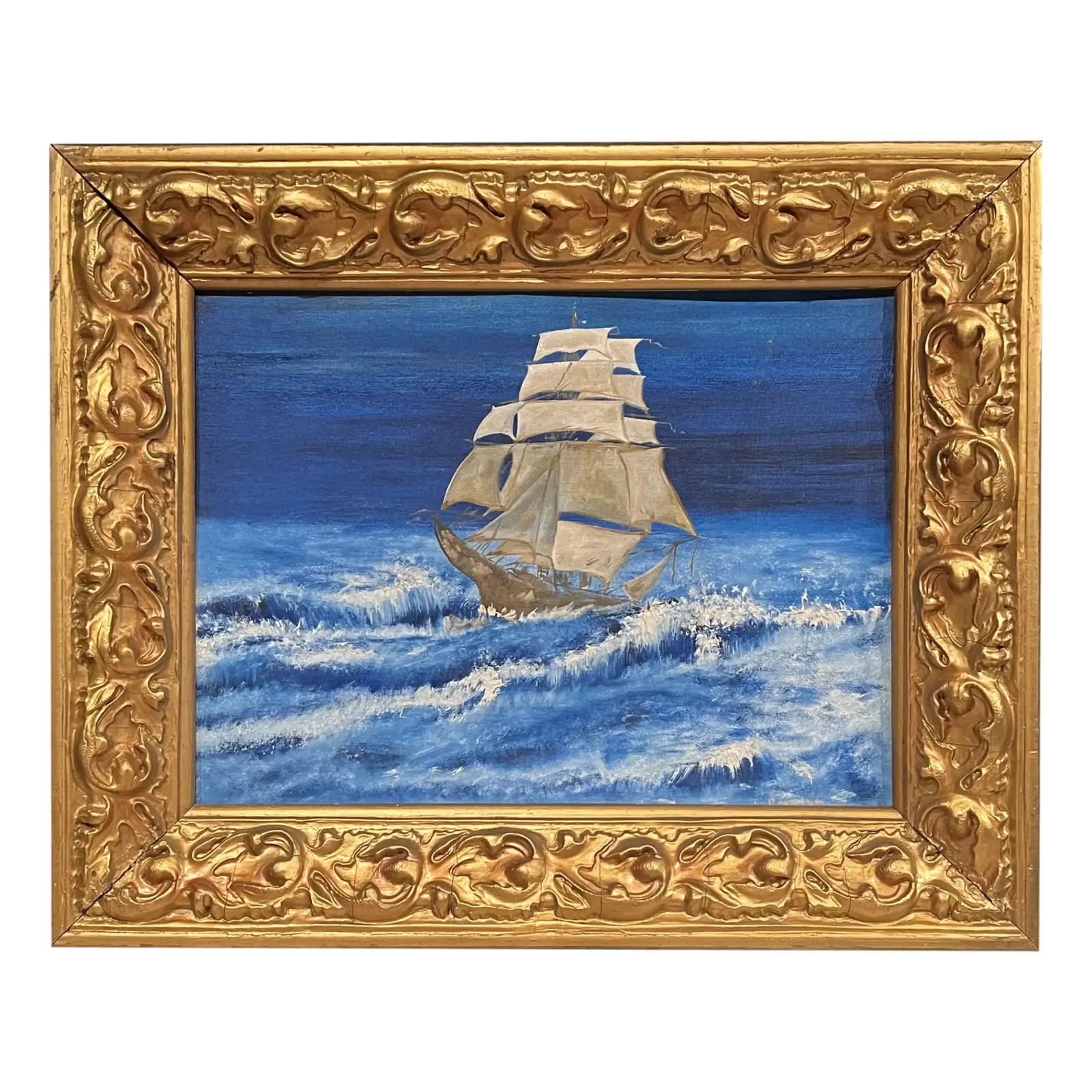 Mid 20th Century Vintage Carved Wood Frame of Original Clipper Ship Sailboat Oil Painting | Chairish