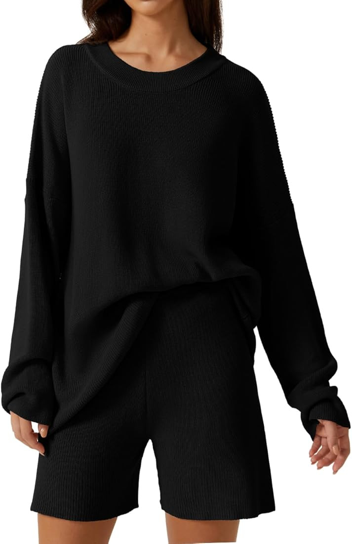 Lounge Set for Women Long Sleeve Pullover Sweater with Shorts Two Pieces Loungewear | Amazon (US)