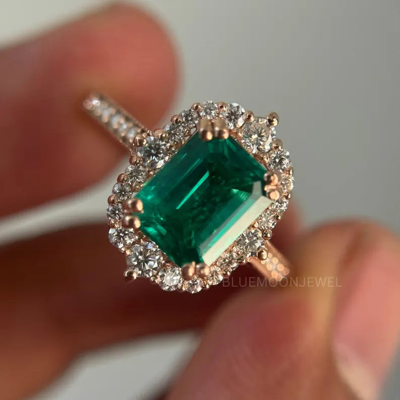 14K Gold Lab Emerald Ring, Moissanite Halo, Vintage Anniversary Ring | Etsy (Global)