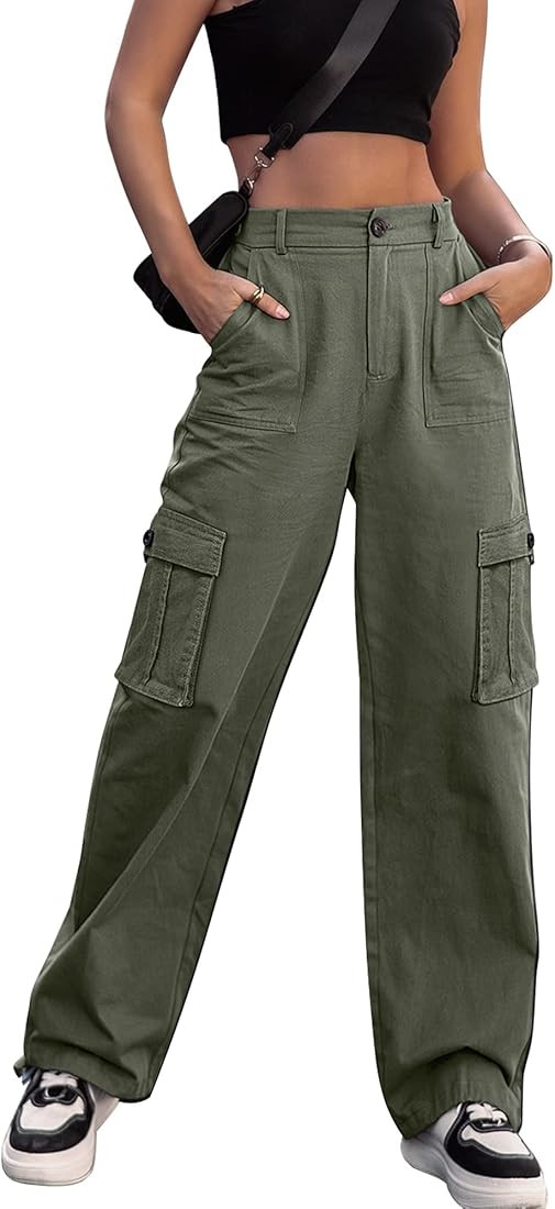 Women High Waisted Cargo Pants Wide Leg Casual Pants 6 Pockets Combat Military Trousers | Amazon (US)
