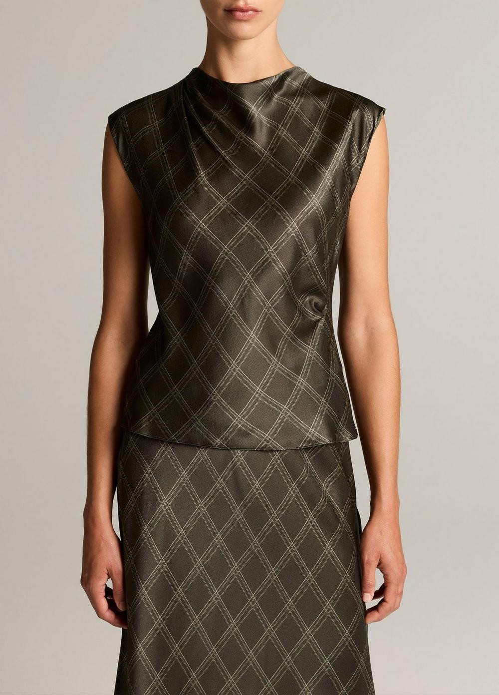 Women's Diamond Plaid Silk Draped Cowl-Neck Top, Dark Moss/sage, Size M Vince | Vince LLC