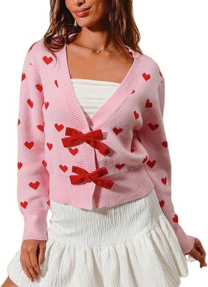 Valentine's Day Cardigan Sweaters for Women Love Heart Print Button Down Cropped Cardigans Y2K Op... | Amazon (US)