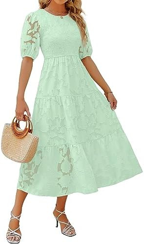 ZESICA Women's 2026 Summer Short Puff Sleeve Crewneck Smocked Floral Lace Flowy A Line Tiered Max... | Amazon (US)