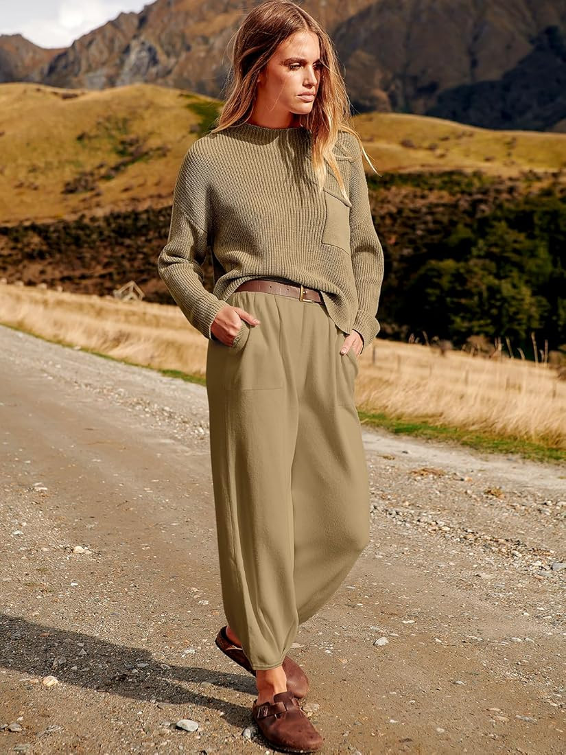 Women's Two Piece Outfits Long Sleeve Knit Top Fall Sweater Set Oversized Pants Tracksuit Lounge Set | Amazon (US)