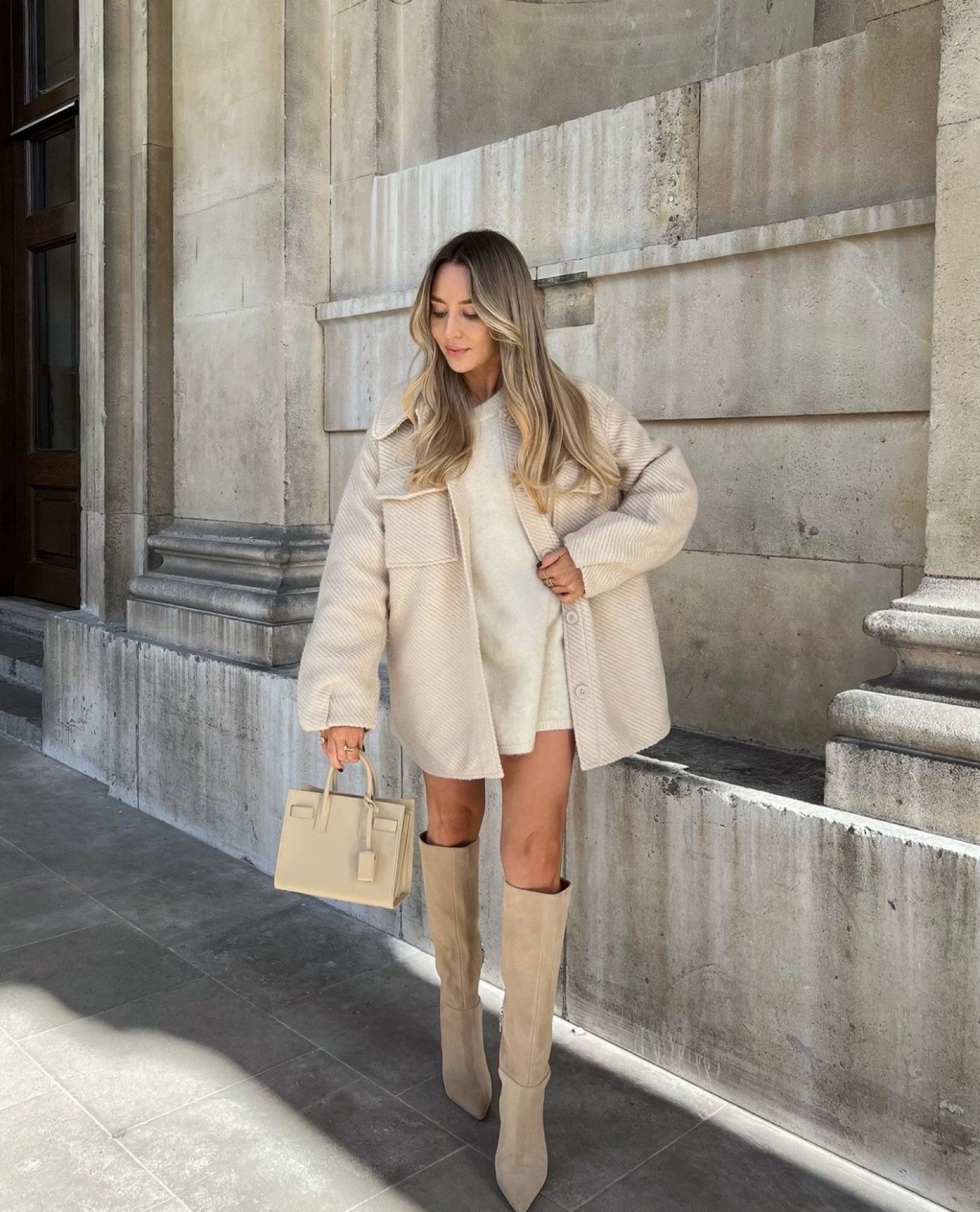 All cream look for those sunny crisp autumn days ☀️🍂  oversized jumper and cosy shacket, worn with knee high suede boots and YSL sac de jour bag

#LTKautumn