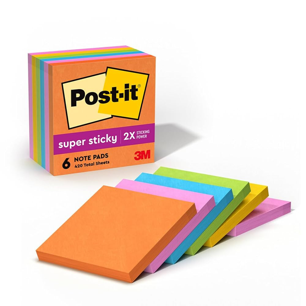 Post-it Super Sticky Notes, 3x3 in, 6 Pads, 2X The Sticking Power, Energy Boost Collection, Brigh... | Amazon (US)