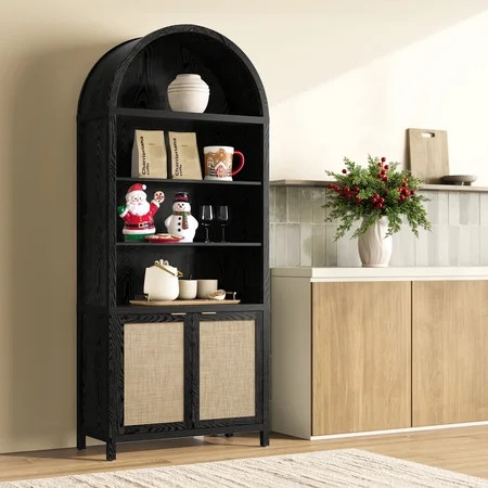 SICOTAS 84.2"H Tall Rattan Arched Pantry Cabinet with Adjustable Shelves, Oversized Boho Farmhouse Floor Storage Organizer for Kitchen, Dining Room & Home Decor,Black Oak | Walmart (US)
